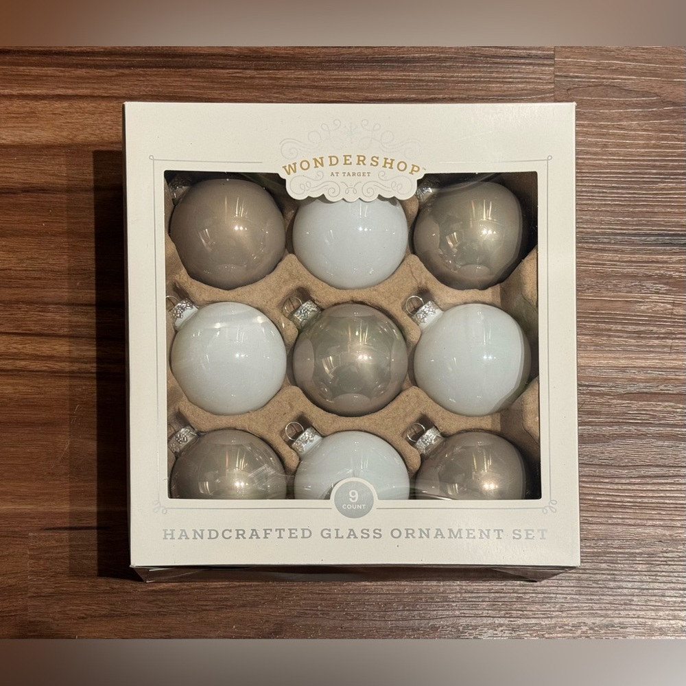 New Wondershop White and Tan Glass Ornament Set – 9 Piece